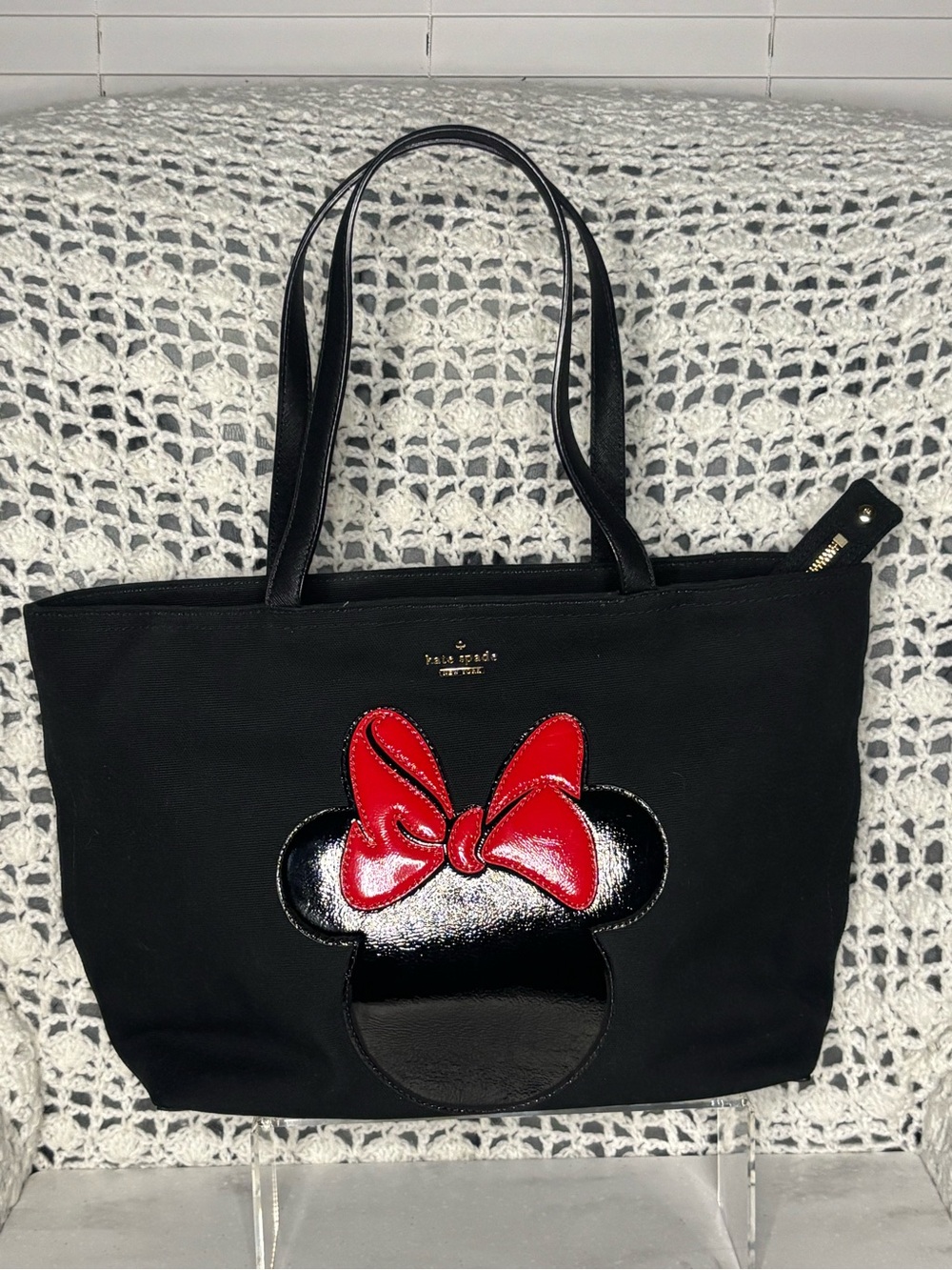 Kate Spade New York Black Minnie Mouse Canvas Tote with Red Bow